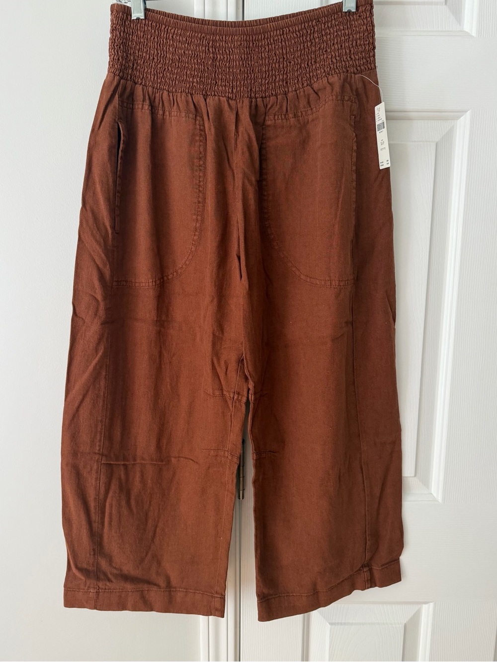 Anthropologie Pilcro Reese Smocked Linen Blend Pull-On Barrel Pants, Size XSP - Picture 3 of 12